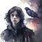 Gloomy watercolor art of a dark-haired teenage boy and his black bird companion, a raven. Dark fantasy illustration created with