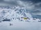 Gloomy winter scene of Justad fishing village on Vestvagoy island.