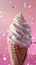 Glorious ice cream in cone, covered in syrup and a chocolate flake, against pink background