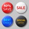 Glossy 3d sale circle buttons or badges with exclusive offer promotional text vector mockups