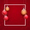 Glossy baubles hang on red background with space for your message. Can be used as festival greeting card design.