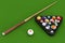 Glossy billiard balls set with cue