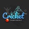 Glossy blue text of Cricket on gray background with red shiny ball and cricket player in playing pose.