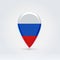 Glossy colorful Russian map application point label symbol hanging over enlightened background.