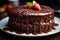 Glossy ganache icing on a decadent chocolate cake, selective focus
