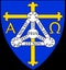 Glossy glass coat of arms of the Anglican diocese of Trinidad contains several Christian visual symbols