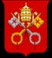 Glossy glass coats of arms of the Holy See and Vatican City State in the form that combines two crossed keys and a tiara used as a