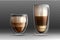 Glossy glass cups with double wall full of hot coffee