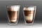 Glossy glass cups with double wall full of hot coffee