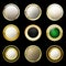 Glossy and gold vintage labels . Colored stones set in gold. Bro