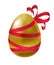 Glossy golden egg tied with red ribbon and bow.
