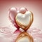 Glossy Golden And Pink Two Heart Shapes With Reflection Background. 3D Render Love