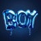 Glossy holographic 3D word BOY, neon style with reflective surface. Metallic balloon bubble form with shine. Isolated