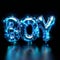 Glossy holographic 3D word BOY, neon style with reflective surface. Metallic balloon bubble form with shine. Isolated
