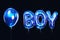 Glossy holographic 3D word BOY, neon style with reflective surface. Metallic balloon bubble form with shine. Isolated