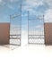 Glossy iron gate in strong brick wall concept