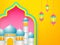 Glossy mosque illustration and hanging illuminated lanterns on arabic seamless pattern background.