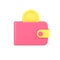 Glossy pink billfold with falling yellow cash money coin realistic 3d icon vector illustration