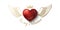 Glossy red 3d heart with golden wings, crown and Be My Valentine lettering. Greeting Card heart Patch print art on white