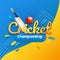 Glossy yellow text of Cricket on abstract  background with realistic cricket equipment for Cricket Championship.