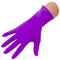 Glove viewing violet on a hand. Individual protection against bacteria, viruses and various organic and chemical