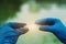 Gloved hands hold a glass slide with a drop of water. Sampling from open water. Scientist or biologist takes a water