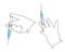 Gloved hands holding syringe, one line art, continuous drawing contour.Coronavirus vaccination, health care injection, treatment,