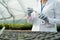 Gloved scientist putting sample of soil into flask