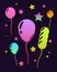 Glow Different Form Balloons. Holiday Template, Happy Birthday Greeting Card. Neon Light Poster, Banner, Flyer