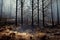 Glow of fire on forest outskirts view from charred tree trunk landscape. Burning fire flame and smoke, Bushfire against