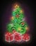 Glow Greeting Card with Decorated Christmas Tree and Gifts
