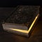 A glow of light inside an ancient closed book on a wooden table