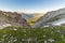 Glowing alpine valley and flowering meadow