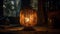 Glowing antique lantern illuminates rustic Halloween decor generated by AI