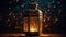 Glowing Arabic lantern lights up rustic winter night generated by AI