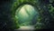 Glowing archway in magical forest landscape. Spectacular fantasy scene with a portal archway covered