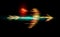 Glowing arrow of Cupid pierced red and yellow heart. Amur attribute of Valentines day fiery love, loving heart with over black.