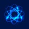 Glowing atom on blue background, abstract light background. Light motion circles, swirl trail effect. Vector Eps10