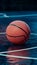 Glowing basketball ball on wet floor and 3D court, close up