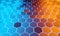 Glowing black blue and orange hexagons background pattern on silver metal surface 3D rendering