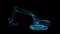 Glowing blue light particles point of Excavator Machine model. Seamless looping motion animation in 3d virtual space