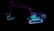 Glowing blue lines formation of Excavator Machine 3d model. Motion animation in 3d virtual space