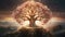 Glowing Boho Yggdrasil Tree Of Life Of Viking Mythology in a Fantasy Landscape. Generative AI