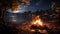 Glowing bonfire reflects tranquil sunset, nature spiritual beauty generated by AI