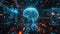 Glowing brain hologram in futuristic data center symbolizing AI. AI brain interface in virtual environment, showcasing machine