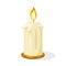 Glowing burning candle with melted wax is on metallic round candlestick. Memorial fire, prayer in church.