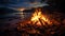 Glowing campfire burns in tranquil nature, igniting summer relaxation generated by AI