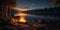 Glowing campfire by the lake. Sunset with open flames fire and logs. Camping on the beach at night. Serene lake landscape