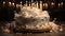 A glowing candle illuminates the elegant wedding cake design generated by AI