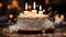 Glowing candle illuminates sweet wedding cake on elegant table generated by AI